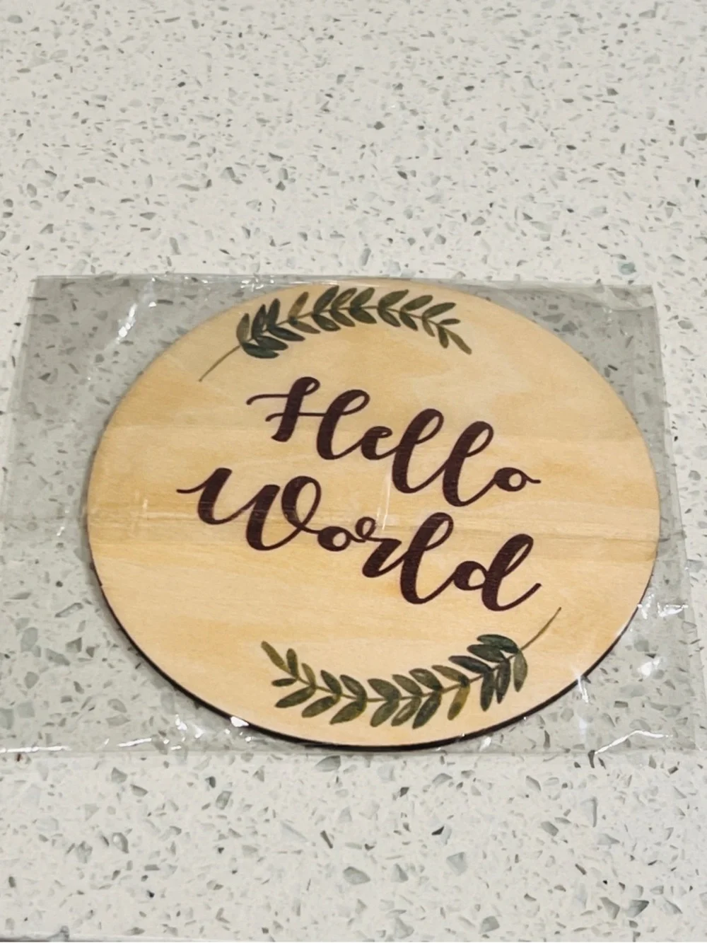 🍃🎍NWT BABY “HELLO WORLD” ROUND WOODEN PLAQUE🎍🍃
